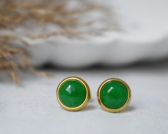 Natural Green Jade Stud Earrings, Minimalist Gold Earrings, 8mm Earrings, Positive Jewelry, Gemstone, Birthday Anniversary Gift For Her