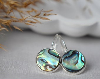 Abalone shell dangle earrings silver, Colorful mother of pearl earrings, 12mm, Round, Lever back, Abalone pearl jewelry, Gift for women