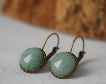 Green aventurine vintage earrings, Gemstone, Round, Green stone, Dangle, Antique bronze, Lever back, Aventurine jewelry, Hanging earrings