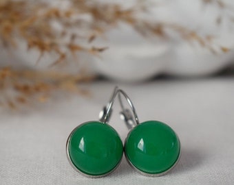 Orecchini di giada verde, regali di gioielli rotondi di pietre preziose per le donne, 12 mm, gioielli di giada, pendente e goccia, orecchini a leva in acciaio inossidabile unisex
