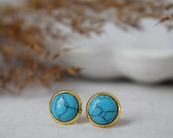 Turquoise stud earrings small 18k gold plated stainless steel 8mm earrings push back post earrings unisex gift jewelry