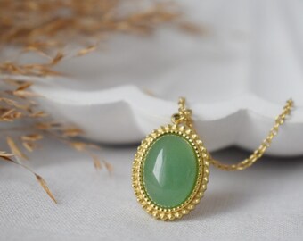 Handmade Green Aventurine Necklace: 14K Gold Plated Victorian Pendant