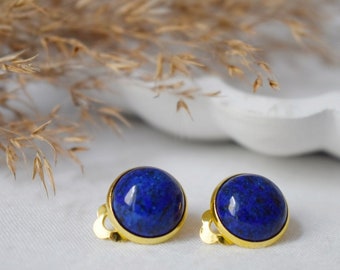 Gold plated clip on earrings lapis lazuli, Clip on earrings blue gemstone, Stainless steel, Round ear clips for women, Non pierced earrings