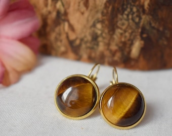 Tigers Eye Gold Earrings for Women, Tiger eye gemstone, Gold brown stone, Leverback, Chakra, Healing stone, Tiger's eye jewelry gift for her