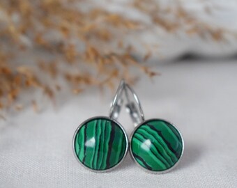 Malachite Dangle Earrings, 12mm Round Gemstone Stainless Steel Lever Back Earrings, Lightweight Jewelry Gift