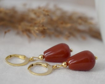 Carnelian teardrop hoop earrings, Natural carnelian huggies, Red gemstone drop earrings, Carnelian gold jewelry for women, Gift for her