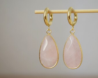 Teardrop rose quartz huggie earrings, Long gold plated gemstone earrings, Faceted pink pendant, Stainless steel, Rose quartz jewelry, Gift