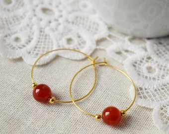 Carnelian Hoop Earrings, Gemstone Bead, 18k Gold Plated Stainless Steel, Boho, Bohemian Hoop Earrings, Gift For Her, Carnelian Jewelry