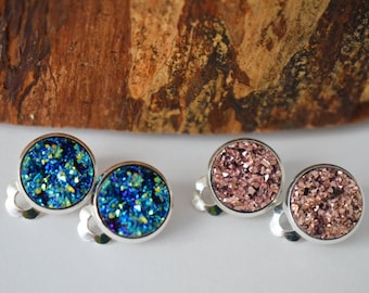 Sparkly clip on earrings with blue and rosegold druzy, Clip on earrings blue, Stainless steel, Non pierced earrings, Birthday gift women