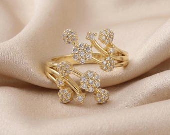 Open ring gouden bloem, verstelbare CZ-manchetring, 18K vergulde bloemenring, sierlijke statement sieraden voor vrouwen, cadeau bruidsmeisje