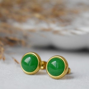 Natural Green Jade Stud Earrings, Minimalist Gold Earrings, 8mm Earrings, Positive Jewelry, Gemstone, Birthday Anniversary Gift For Her image 2