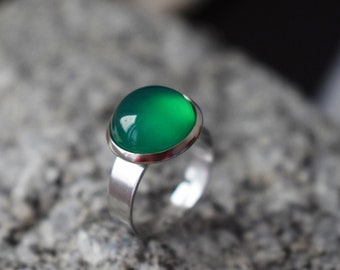 Green Agate Ring Silver, Gemstone Adjustable Statement Ring, Stone Ring, Everyday Round Crystal Ring, Agate Jewelry, Birthday Gift For Her
