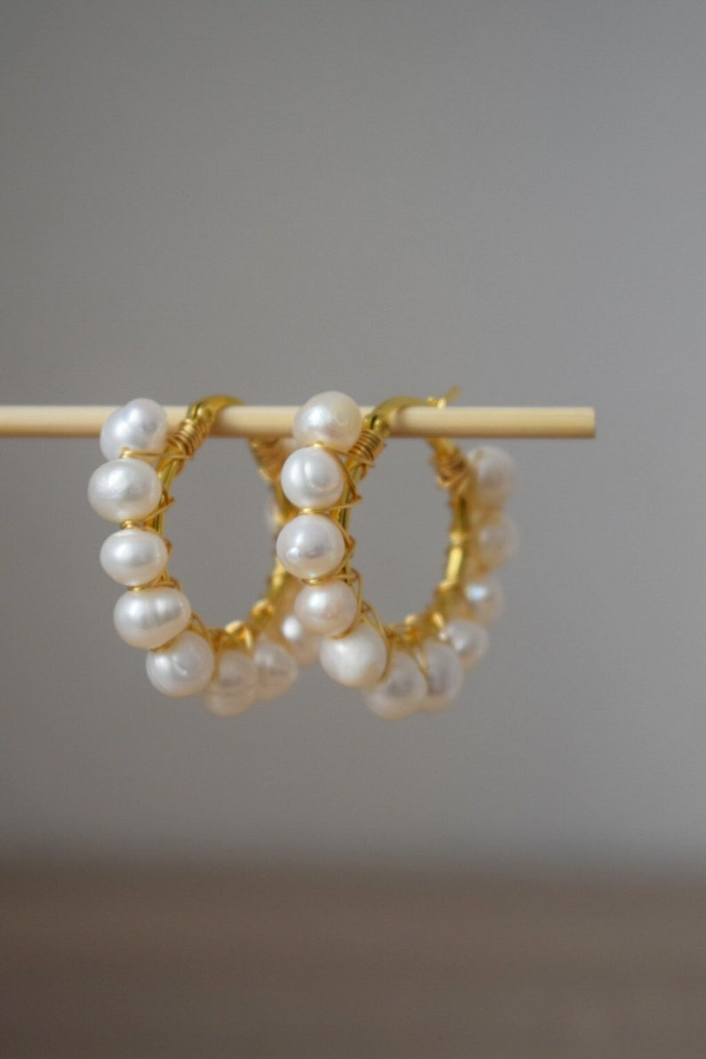 Pearl hoop earrings gold, Pearl Cluster Dangle Earrings, Lever back earrings, Bridesmaid huggies, Wedding pearl earrings, Gift for women