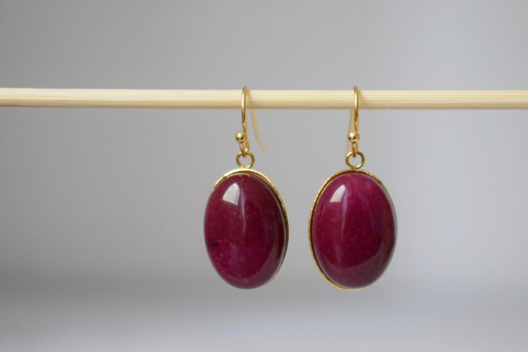 Red Jade Earrings Gold Oval Gemstone Hanging Earrings Wine Etsy