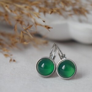 Green agate dangle earrings, Small green gemstone leverback earrings, 8mm round hanging silver earrings, Stainless steel, Handmade jewelry image 4