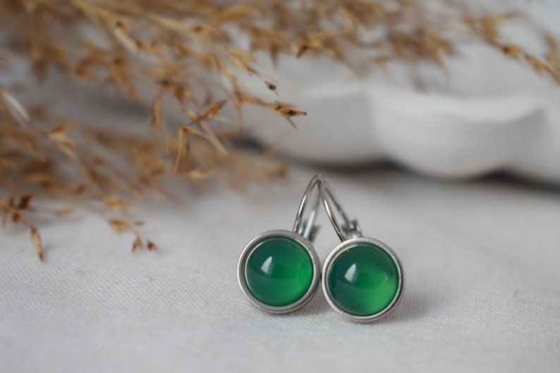 Green agate dangle earrings, Small green gemstone leverback earrings, 8mm round hanging silver earrings, Stainless steel, Handmade jewelry image 4