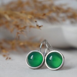 Green agate dangle earrings, Small green gemstone leverback earrings, 8mm round hanging silver earrings, Stainless steel, Handmade jewelry image 5