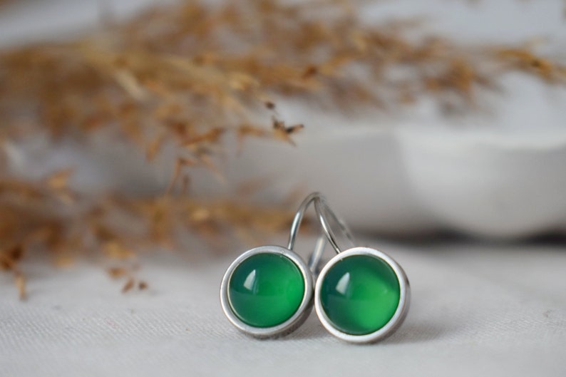 Green agate dangle earrings, Small green gemstone leverback earrings, 8mm round hanging silver earrings, Stainless steel, Handmade jewelry image 5