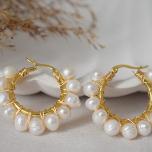 Pearl hoop earrings gold, Pearl Cluster Dangle Earrings, Lever back earrings, Bridesmaid huggies, Wedding pearl earrings, Gift for women image 9