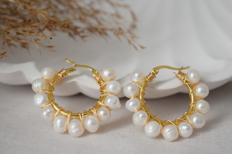 Pearl hoop earrings gold, Pearl Cluster Dangle Earrings, Lever back earrings, Bridesmaid huggies, Wedding pearl earrings, Gift for women image 9