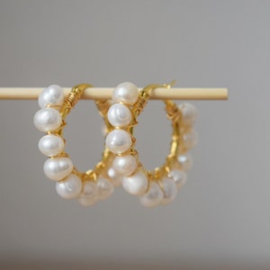 Pearl hoop earrings gold, Pearl Cluster Dangle Earrings, Lever back earrings, Bridesmaid huggies, Wedding pearl earrings, Gift for women image 8