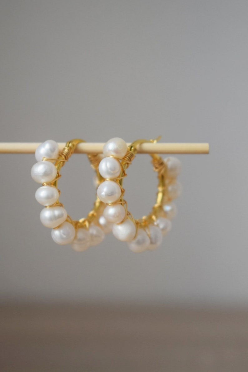 Pearl hoop earrings gold, Pearl Cluster Dangle Earrings, Lever back earrings, Bridesmaid huggies, Wedding pearl earrings, Gift for women image 8