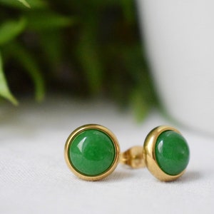 Natural Green Jade Stud Earrings, Minimalist Gold Earrings, 8mm Earrings, Positive Jewelry, Gemstone, Birthday Anniversary Gift For Her image 9