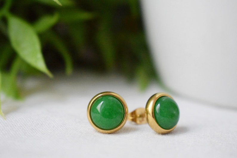 Natural Green Jade Stud Earrings, Minimalist Gold Earrings, 8mm Earrings, Positive Jewelry, Gemstone, Birthday Anniversary Gift For Her image 9