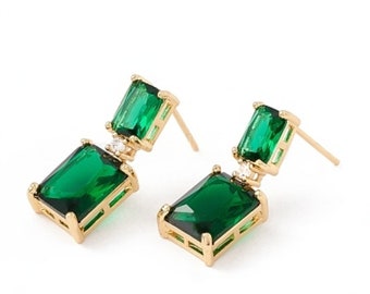 Dark Green Cubic Zirconia Dangle Stud Earrings, Emerald Green Earrings, Baguette CZ Rectangle Studs, Real 18K Gold Plated Brass Jewelry