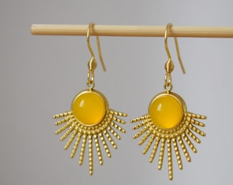 Zon oorbellen, gele agaat oorbellen, zonnestralen oorbellen, Sunburst, edelsteen oorbellen, hemels, vergulde gloeiende sieraden, cadeau voor haar