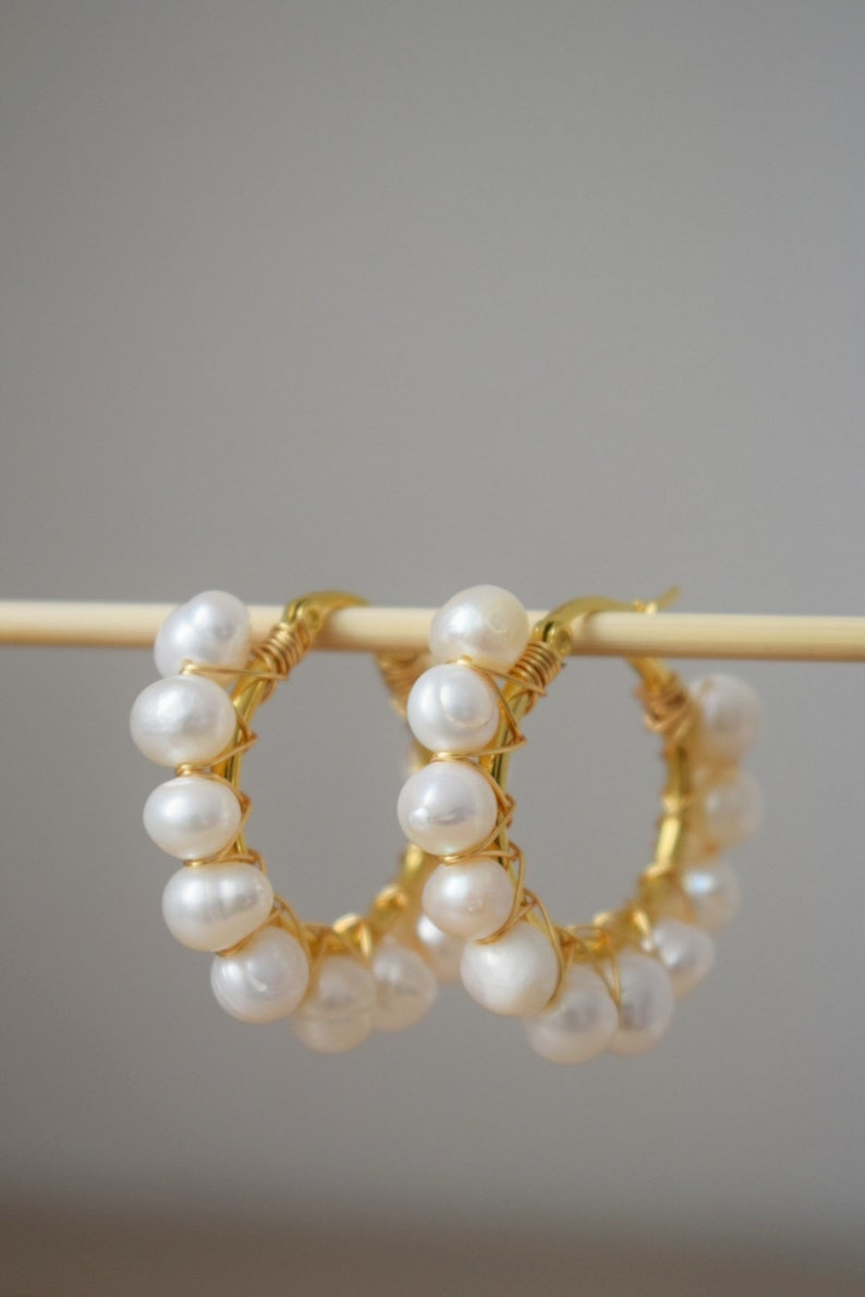 Pearl hoop earrings gold, Pearl Cluster Dangle Earrings, Lever back earrings, Bridesmaid huggies, Wedding pearl earrings, Gift for women image 4