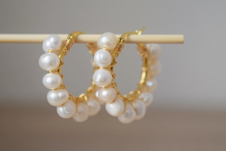 Pearl hoop earrings gold, Pearl Cluster Dangle Earrings, Lever back earrings, Bridesmaid huggies, Wedding pearl earrings, Gift for women