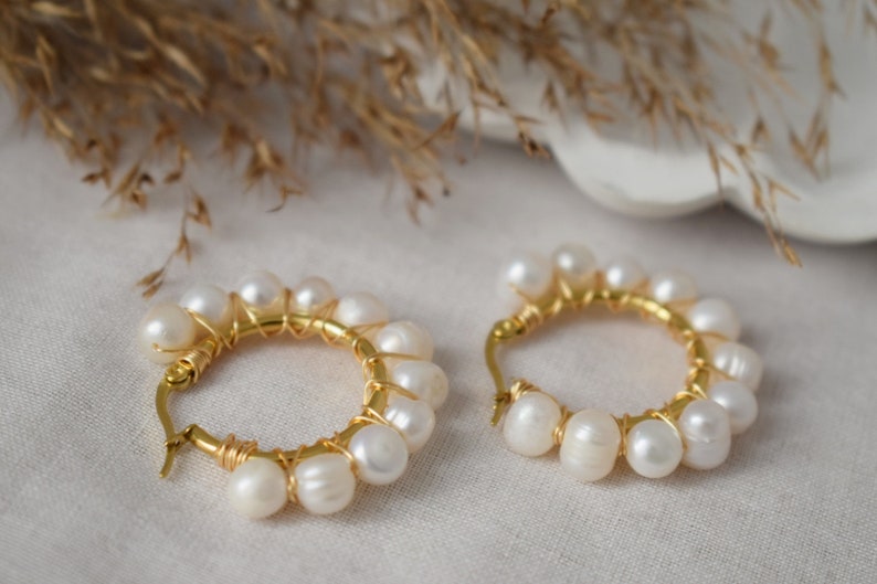 Pearl hoop earrings gold, Pearl Cluster Dangle Earrings, Lever back earrings, Bridesmaid huggies, Wedding pearl earrings, Gift for women image 6