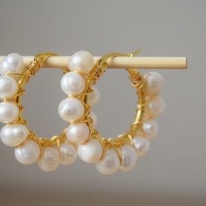 Pearl hoop earrings gold, Pearl Cluster Dangle Earrings, Lever back earrings, Bridesmaid huggies, Wedding pearl earrings, Gift for women image 7