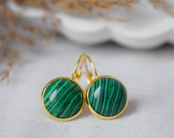 Malachite Dangle Earrings, Green Gemstone Leverback Earrings, 12mm, Round, Cabochon, Gold Plated Stainless Steel Jewelry, Gift For Her