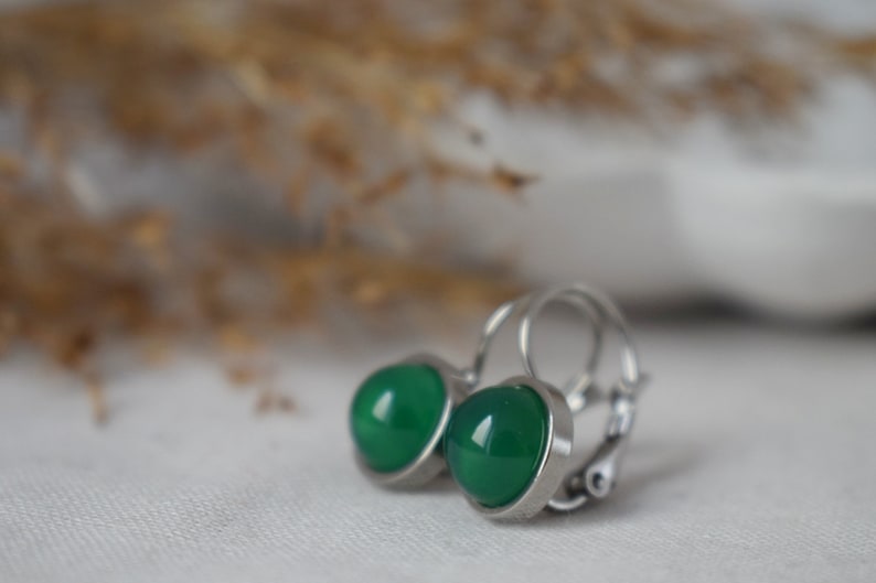 Green agate dangle earrings, Small green gemstone leverback earrings, 8mm round hanging silver earrings, Stainless steel, Handmade jewelry image 6