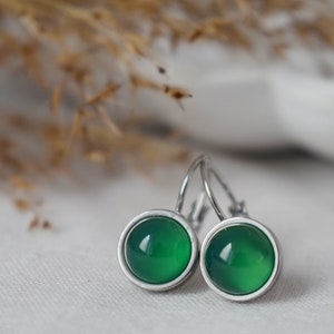 Green agate dangle earrings, Small green gemstone leverback earrings, 8mm round hanging silver earrings, Stainless steel, Handmade jewelry image 2