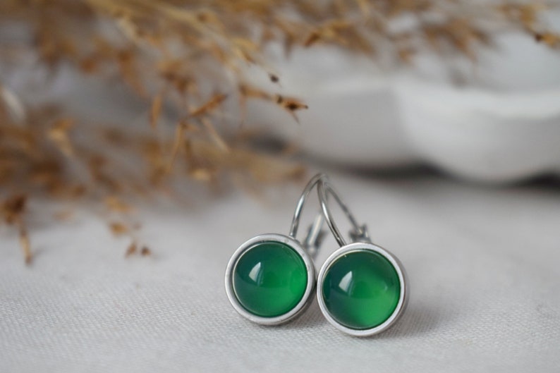 Green agate dangle earrings, Small green gemstone leverback earrings, 8mm round hanging silver earrings, Stainless steel, Handmade jewelry image 2