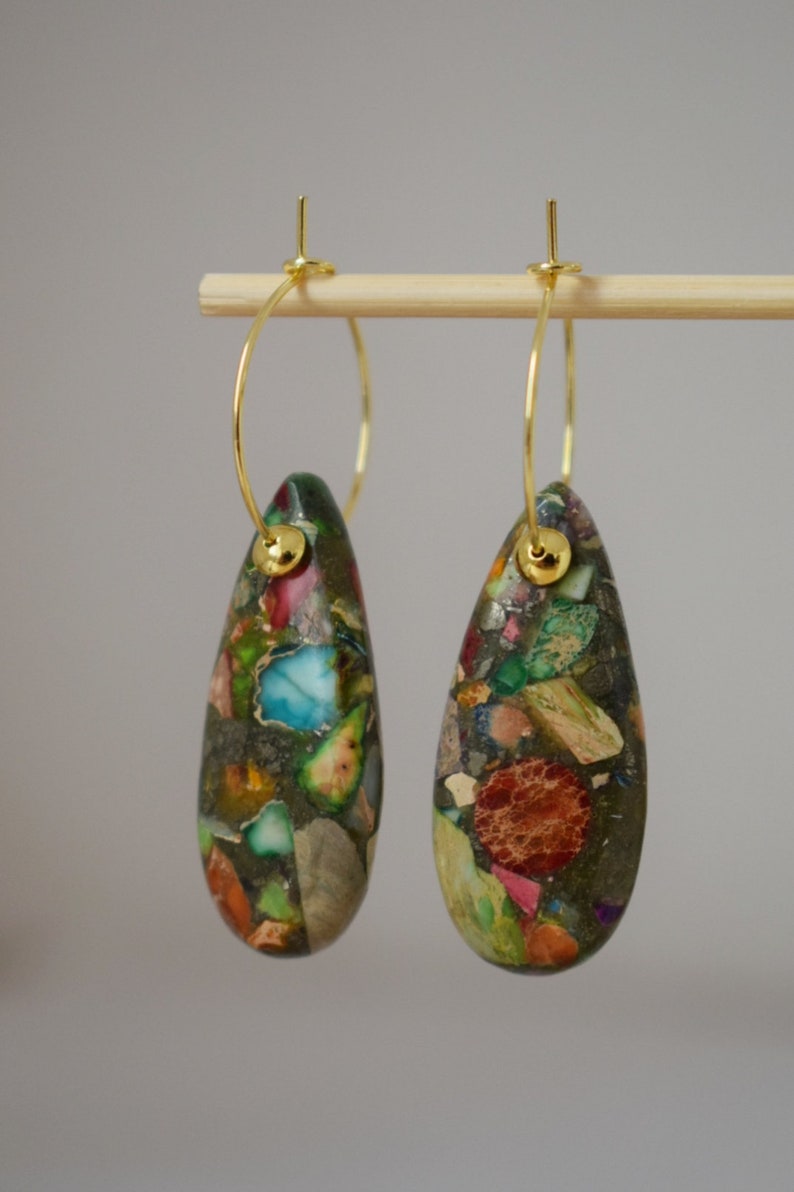 Imperial Jasper Hoop Earrings, 18k gold plated, Teardrop Sea Sediment Jasper, Stainless steel, Gemstone Drop Colorful Dangle Earrings, Gift image 5