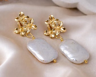 Baroque Keshi Pearl Earrings, 18K Gold Flower Studs, Bridal Jewelry