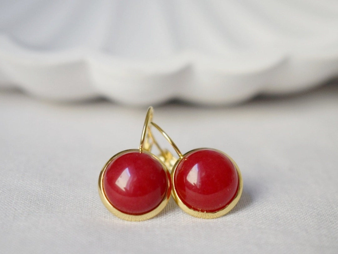 Red Jade Earrings Gold, 12mm Gemstone Dangle Earrings, Stone Hanging