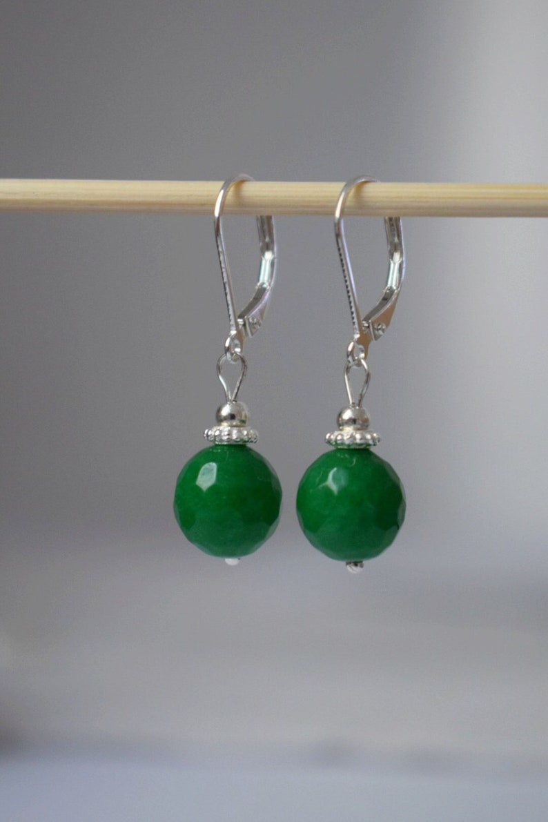 Green jade earrings sterling silver, 925 silver jade drop earrings, Green faceted gemstone hanging earrings, Jade bead jewelry, Gift for her