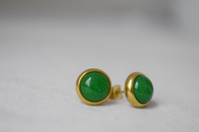 Natural Green Jade Stud Earrings, Minimalist Gold Earrings, 8mm Earrings, Positive Jewelry, Gemstone, Birthday Anniversary Gift For Her image 8