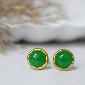 Natural Green Jade Stud Earrings, Minimalist Gold Earrings, 8mm Earrings, Positive Jewelry, Gemstone, Birthday Anniversary Gift For Her image 4
