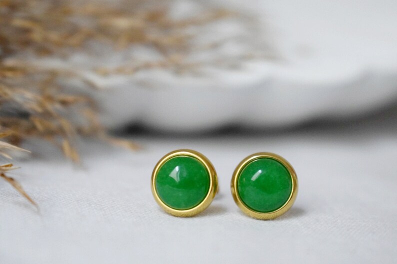 Natural Green Jade Stud Earrings, Minimalist Gold Earrings, 8mm Earrings, Positive Jewelry, Gemstone, Birthday Anniversary Gift For Her image 4