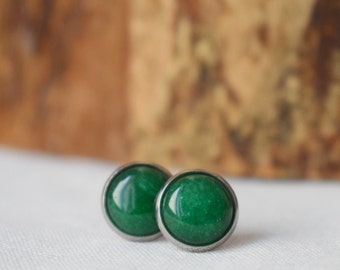 Green Jade Stud Earrings Silver, Minimalist, 8mm, 10mm, Positive Jewelry, Gemstone, Stud Earrings, Round, Birthday Anniversary Gift For Her