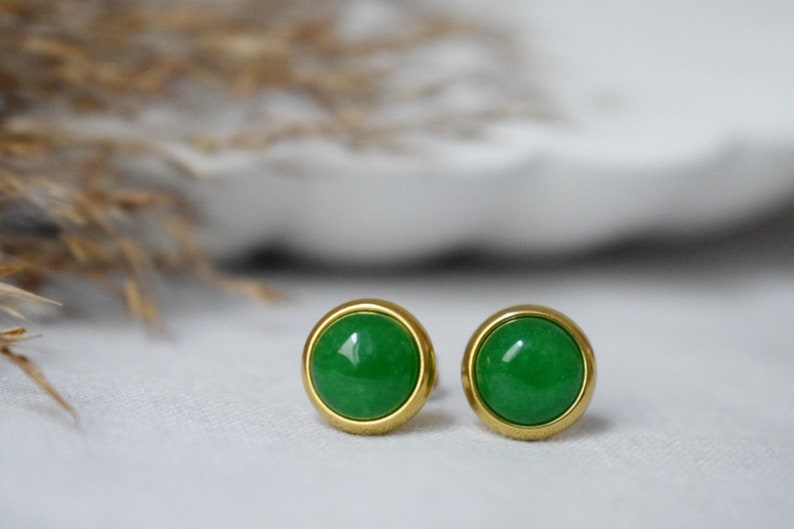 Natural Green Jade Stud Earrings, Minimalist Gold Earrings, 8mm Earrings, Positive Jewelry, Gemstone, Birthday Anniversary Gift For Her image 1