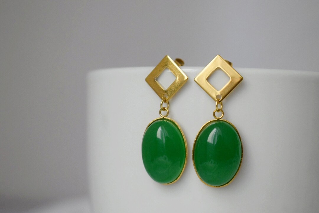 Green Jade Stud Earrings Dangle Oval Gemstone Earrings Green Etsy