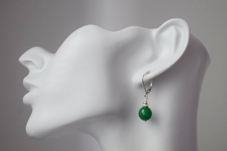 Green jade earrings sterling silver, 925 silver jade drop earrings, Green faceted gemstone hanging earrings, Jade bead jewelry, Gift for her