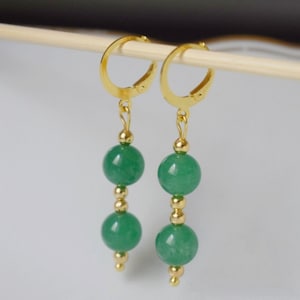 Green aventurine earrings, Green huggies, Gemstone gold dangle earrings, Green beads earrings, Hanging stone earrings, Aventurine jewelry
